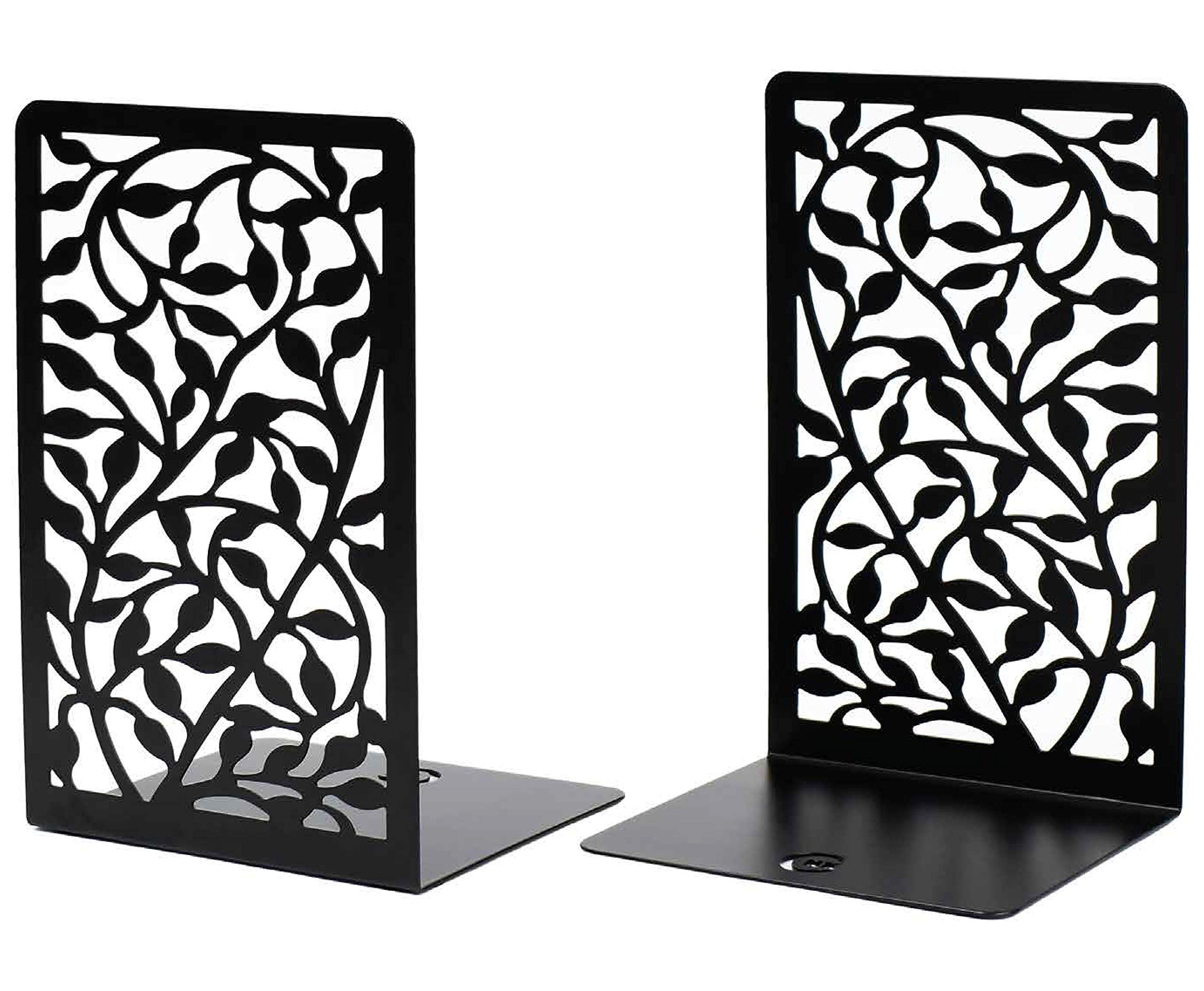 CNK Book Ends for Shelves - Metal Holders for Home Office Heavy Books, Shelf Stoppers, Decorative Set of 2 Black Infinite Leaves Bookends