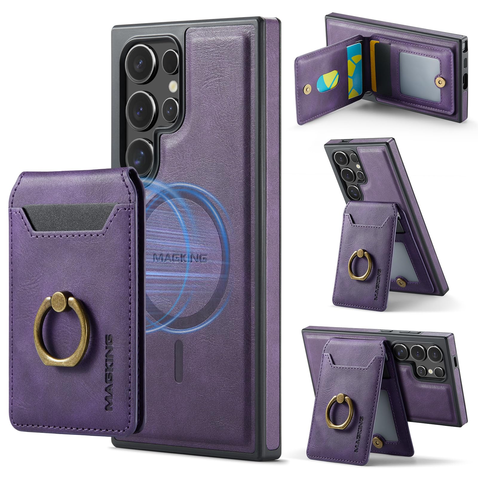 Konstreet for Samsung Galaxy S24 Ultra 2 in 1 Detachable Card Bag Wallet Case Durable Leather Wallets Magnetic Card Holder 4 Card Slots Ring Stand RFID Blocking Purple