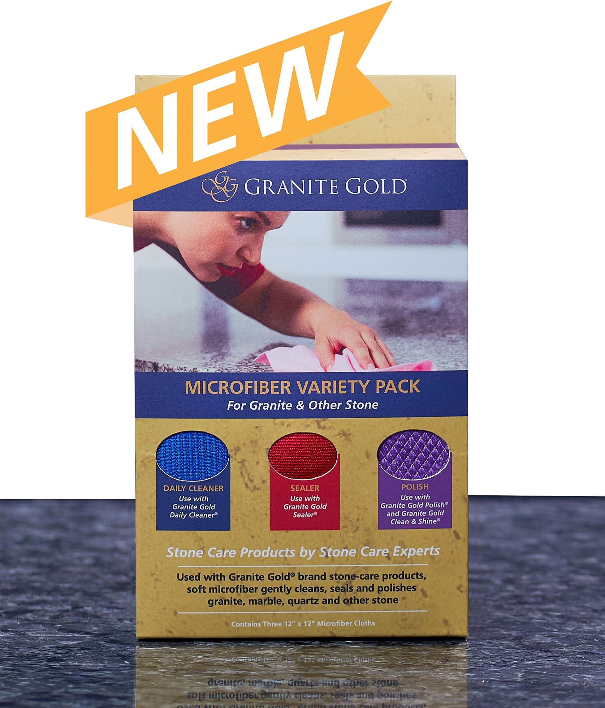Granite Gold Microfiber Cloth Variety Pack Soft Fibers Gently Clean, Seal and Polish Granite, Marble, Quartz and Other Stone Without Scratching Surfaces, Multiple Color, 3 Count