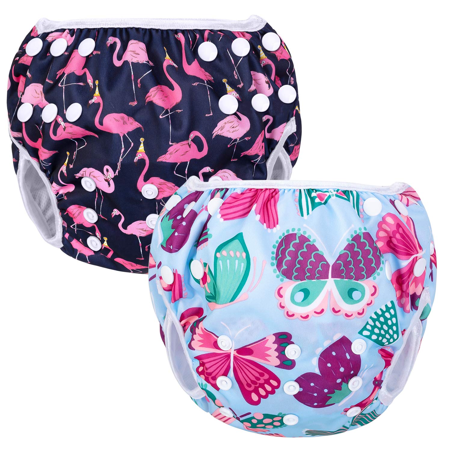 Luxja Reusable Swim Nappy (Pack of 2), Adjustable Swimming Nappies for Baby (0-3 Years), Butterfly + Flamingo