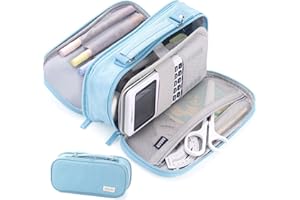 HVOMO Large capacity Pencil Pouch pencil case Double Zipper Storage Bag 3 Compartments Portable Multifunctional bag Desk Organizer School Marker Pen Case（Blue）