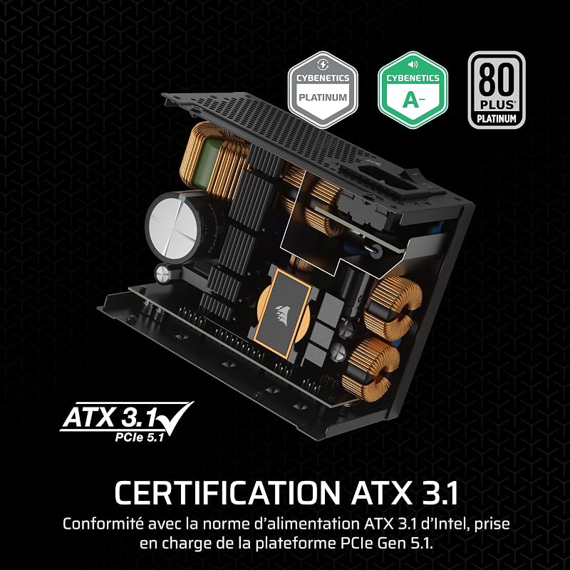 SF1000 (2024) Alimentation ATX Entièrement Modulaire à Faible Bruit 80 Plus Platinum – Compatible ATX 3.1 – Compatible PCIe 5.1 – Support SFX-to-ATX Inclus – Noir