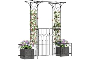DWVO 81" H Garden Arch and Arbor with Gate, Black Arch with Planter Boxes for Climbing Plants Outdoor, Wedding Ceremony Archway Decoration for Lawn, Patio, Backyard
