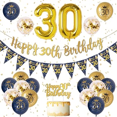 VICTERR 30th Birthday Decorations - Blue & Gold Party Supplies Set