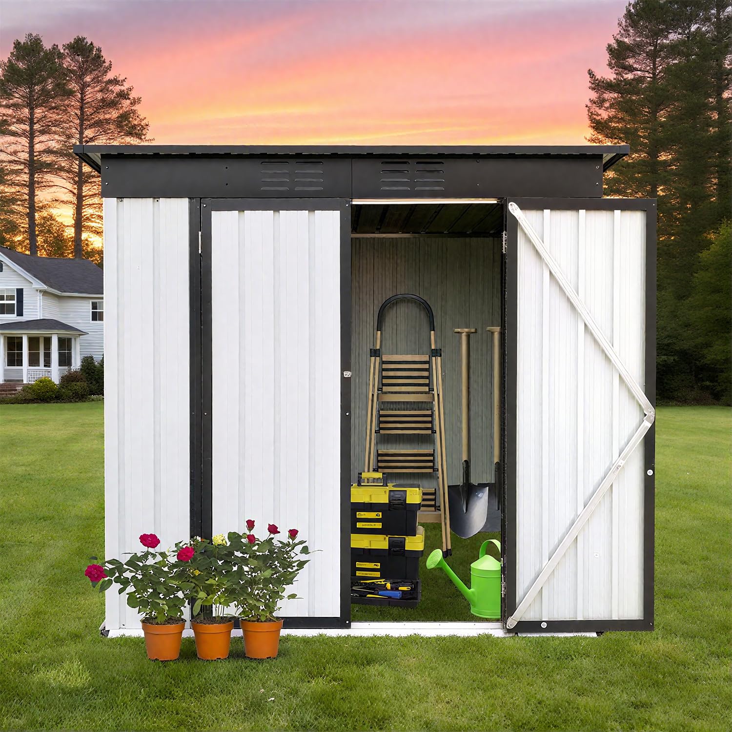 Photo 1 of 6 x 4 FT Outdoor Storage Shed, Metal Garden Tool Shed with Slooping Roof, Lockable Doors and Aluminum Frames, Easy to Assemble for Garden, Patio, Lawn, White
