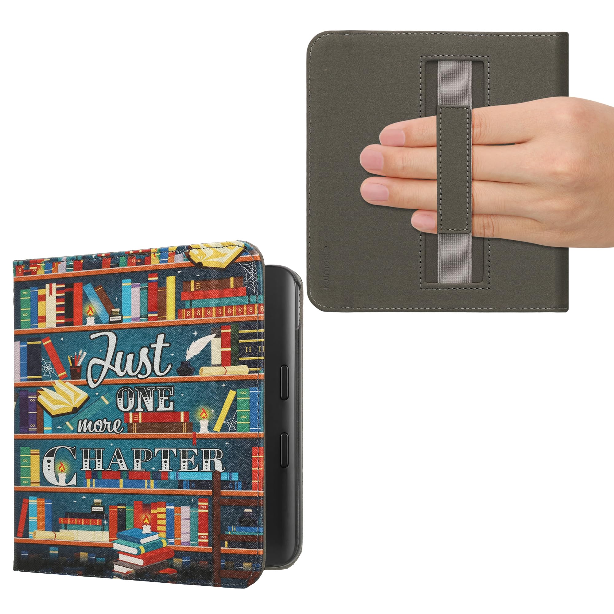 kwmobile Cover for Kobo Libra Colour Case - eReader Cover with hand strap and auto sleep funktion - Library Motto with Multicolor