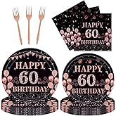 96PCS 60th Birthday Party Plates Set Rose Gold Theme Decorations Include Rose Gold Plates and Napkins Forks for 60 Year Old Women Birthday Party Supplies Serves 24 Guests