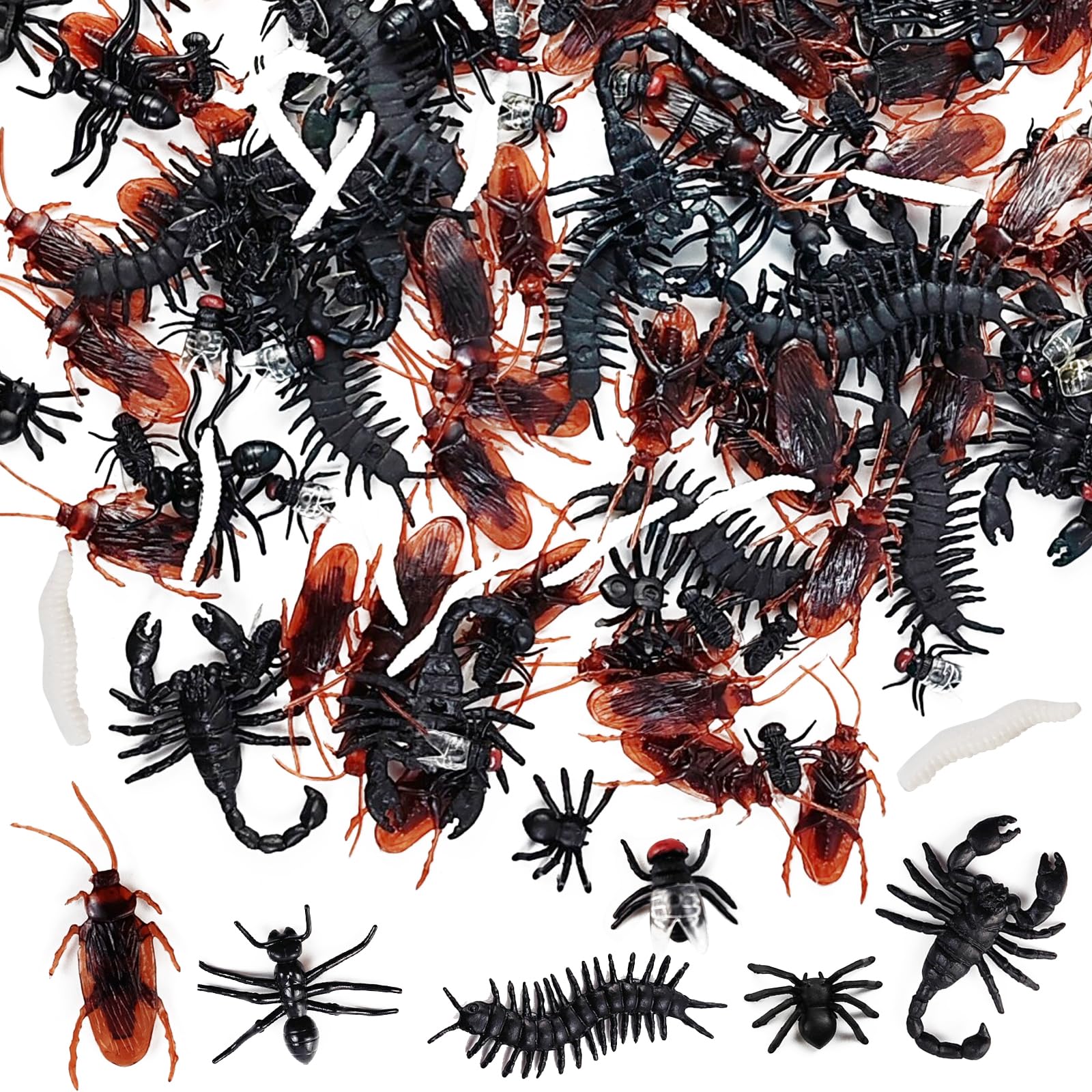 Photo 1 of TIHOOD 155PCS Realistic Fake Bug Trick Toys Insects Halloween Prank Toy Bugs Cockroaches Spiders Worms Centipedes Scorpions for Kids April Fool's Day Prank Party Favors