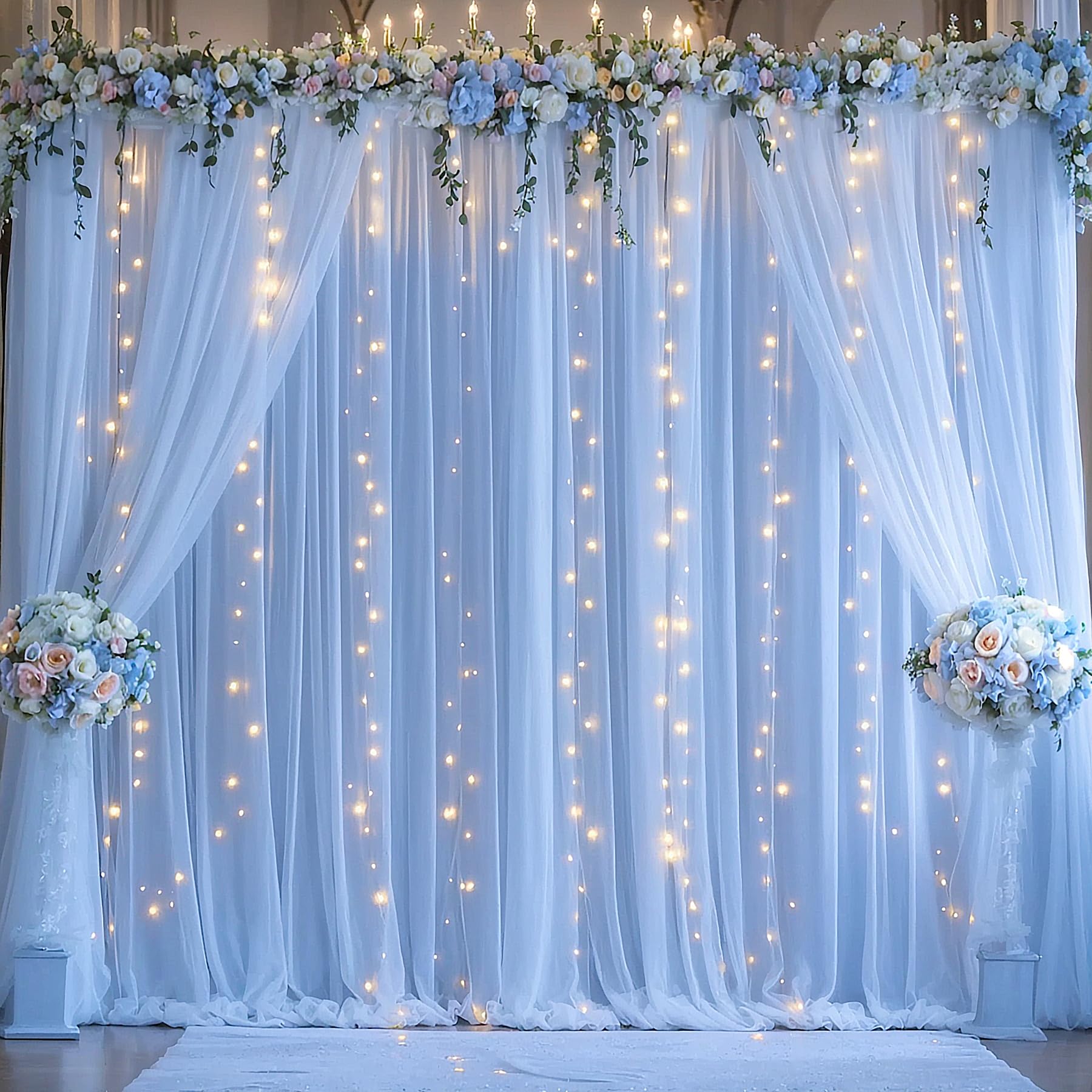 Photo 1 of Blue Tulle Backdrop Curtains with Lights String for Parites Baby Shower 20×10ft Blue Sheer Backdrop Curtains Drapes for Bridal Shower Birthday Party Photo Shoot Background Decorations(4 Panels 5×10ft)