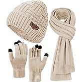 Mens Winter Hats Scarf for Men with Touchscreen Gloves Warm Long Scaves and Skull Caps Beanie Hat Gloves Set