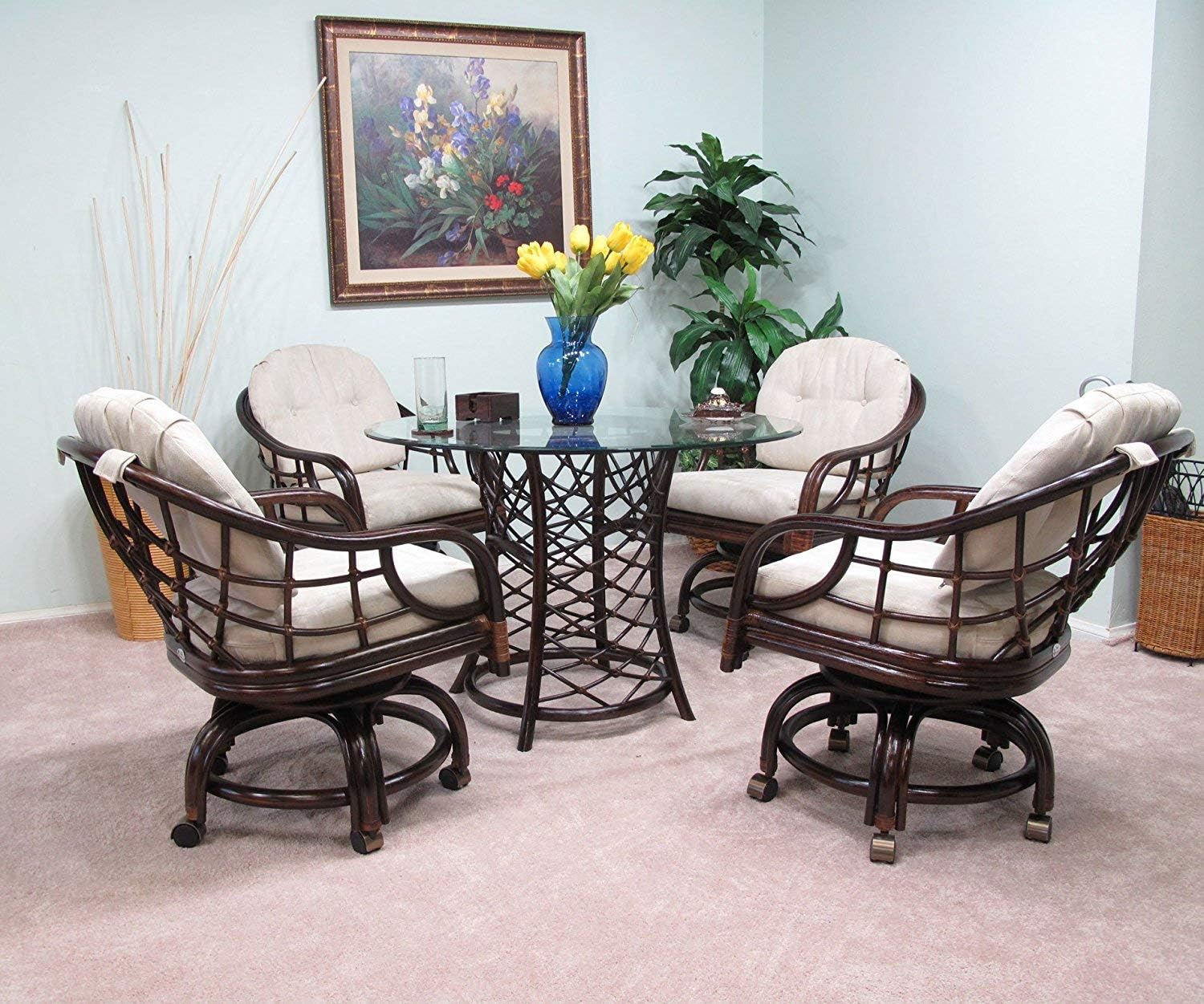 Urban Design Furnishings Made in USA Rattan Dining Caster Chair Table Gaming Furniture Newton 5 Piece Set Cappuccino Finish