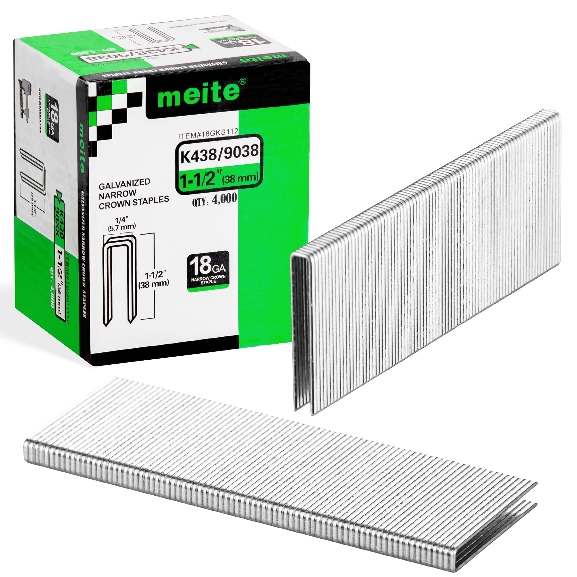 meite 9038 Type 90/38 mm Narrow Crown Staples for Staple Gun 18 Gauge Galvanised Upholstery Staples for Furniture, Wood Box, Crafts DIY (4,000 Counts)