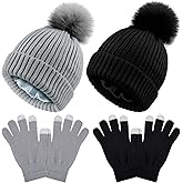 4 Pieces Womens Winter Satin Lined Knit Pom Beanie Hats Touchscreen Gloves Set (Black and Gray,Cute Style)