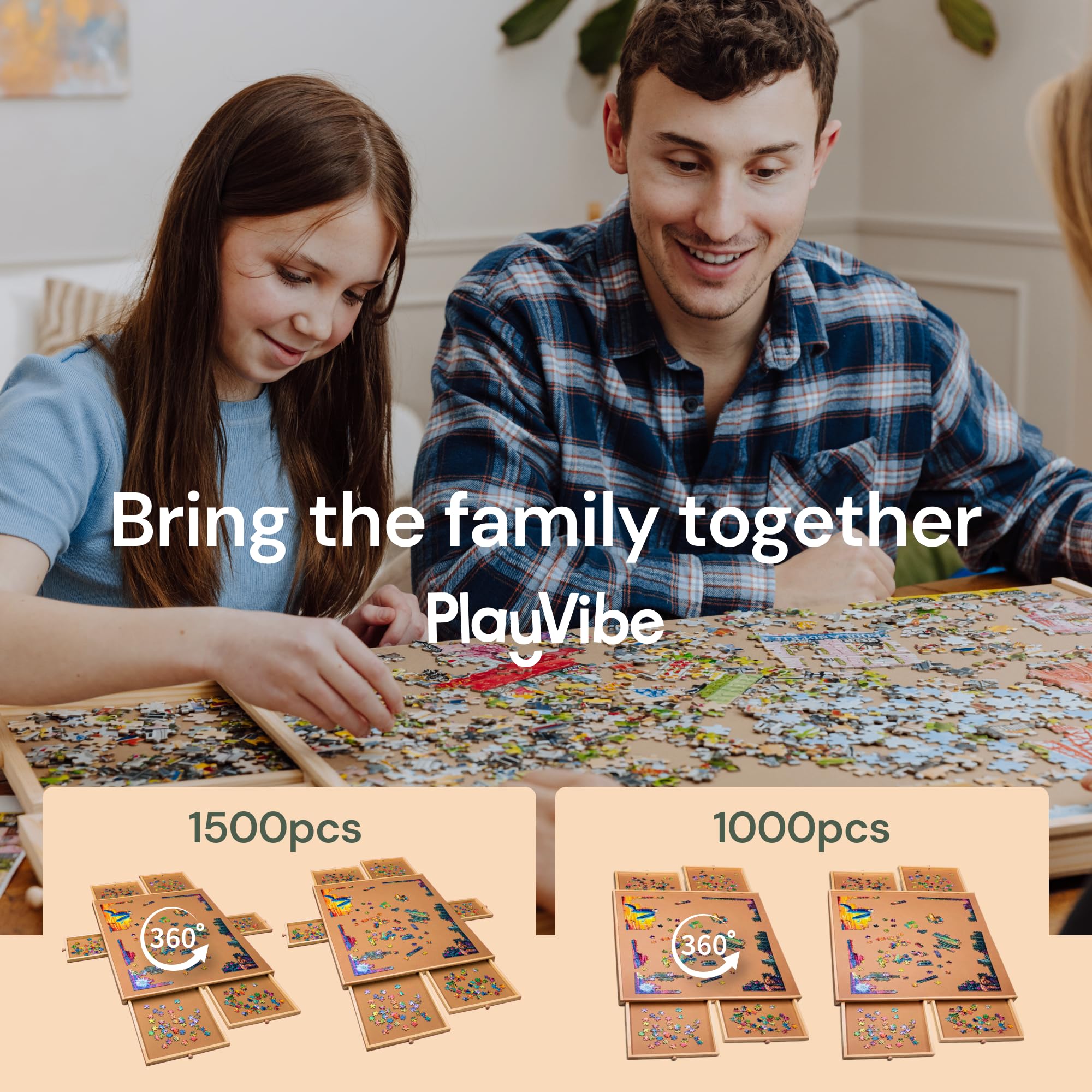 PlayVibe 1500 Piece Puzzle Board with Drawers and Cover - Jigsaw Solve Station - Portable Puzzle Table with Drawers, Tray & Accessories - Raised Edges to Prevent Slipping