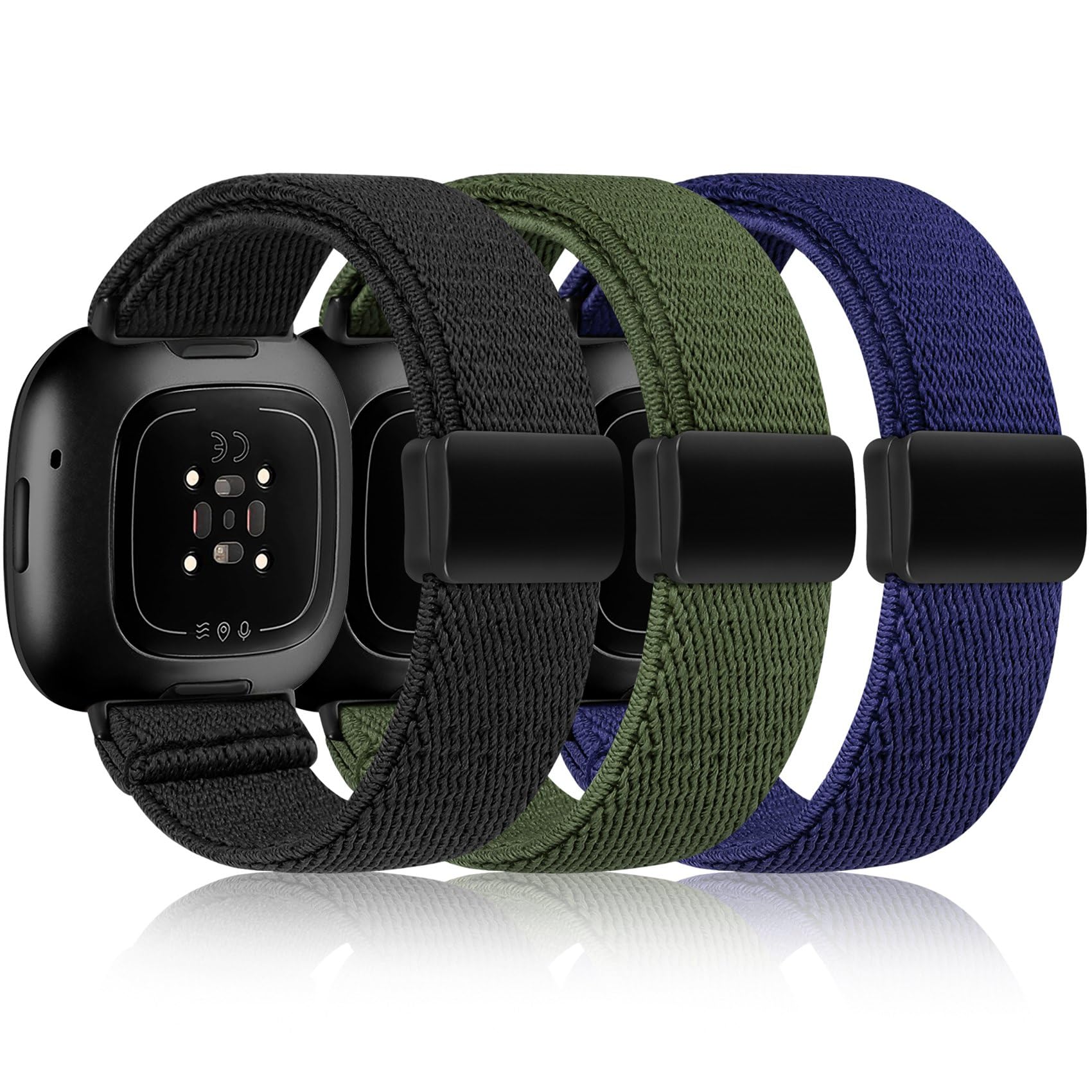 TOYOUTHS 3 Pack Magnetic Stretchy Band Compatible with Fitbit Versa 4/Versa 3/Sense 2/Sense Smartwatch, Soft Elastic Bracelet Nylon Braided Sport Loop Strap for Women Men, Black/Army Green/Deep Blue