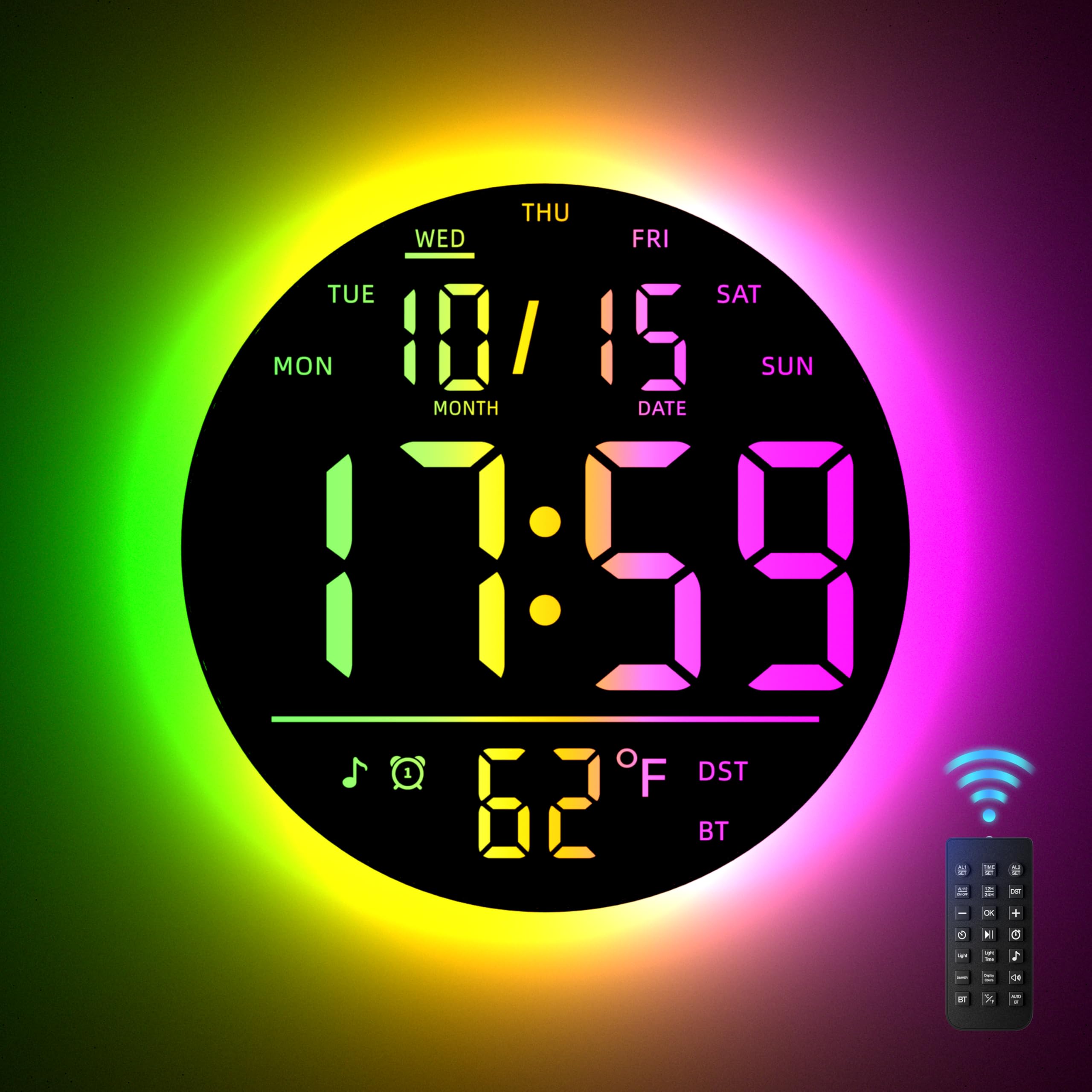 Photo 1 of ***MINOR DAMAGE*** EASYERA 10" Large Digital Wall Clock with Remote Control, Music Sync RGB Atmosphere Light, Low-Reflectivity, Temperature, LED Display, Dual Alarms, BT Sync, Auto DST for Bedroom and Classroom