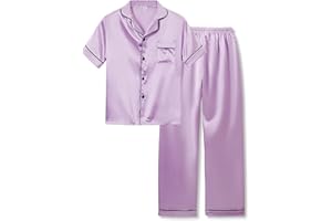 Topgal Little & Big Girls Pajama Set Size 6-16 - Fuchsia Satin Silky Cute Long Sleeve & Pants Outfit