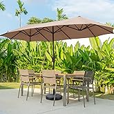 OVASTLKUY 13Ft Large Patio Umbrella with Base Outdoor Double-Sided Market Extra Large Table Umbrella Easy Crank for Yard, Poolside, Deck-Khaki