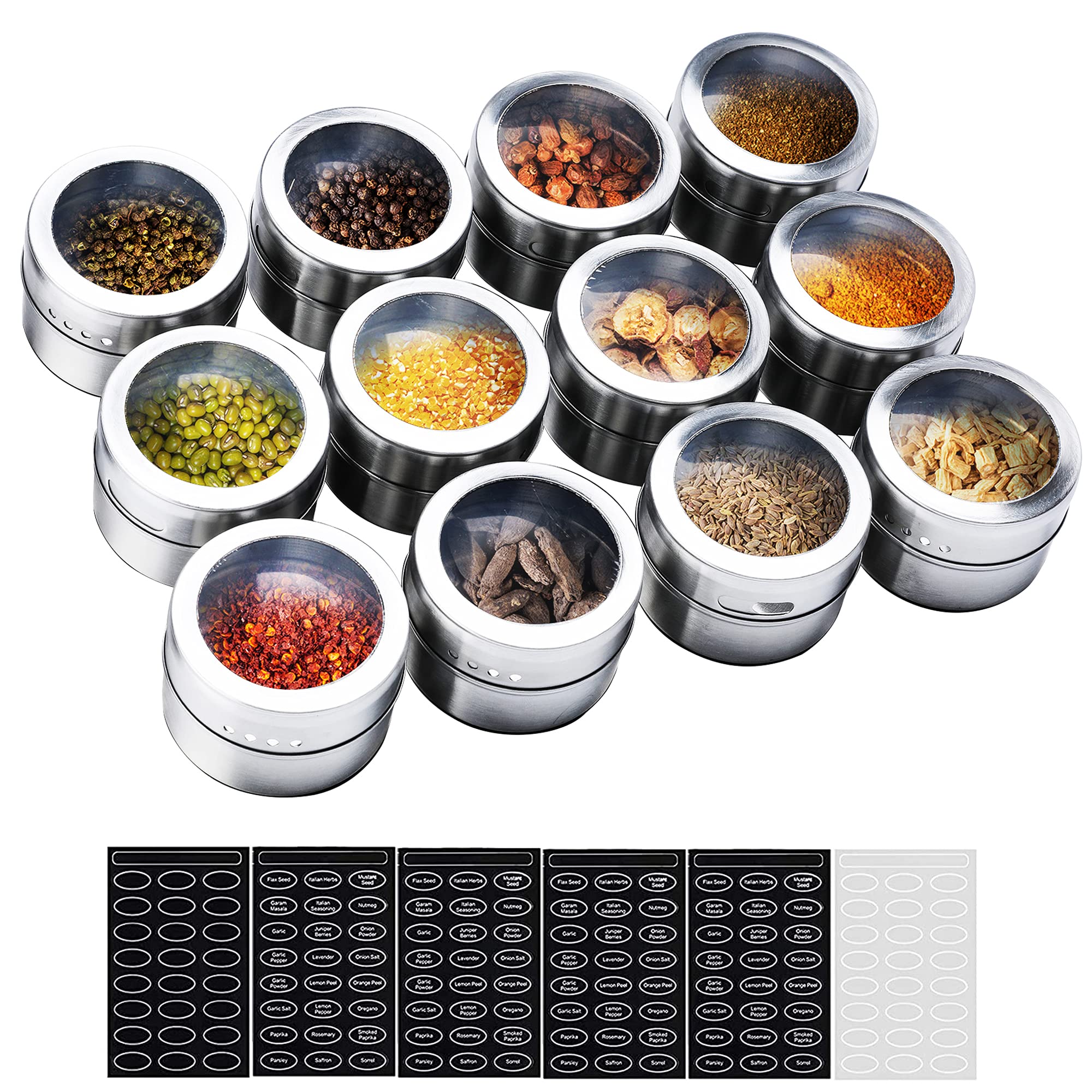 SZILBZ Spice Jars 12 Set, Stainless Steel Transparent Top BBQ Spice Tin Magnetic Storage Containers Stick on Refrigerator and Grill, with 120 Spice Stickers