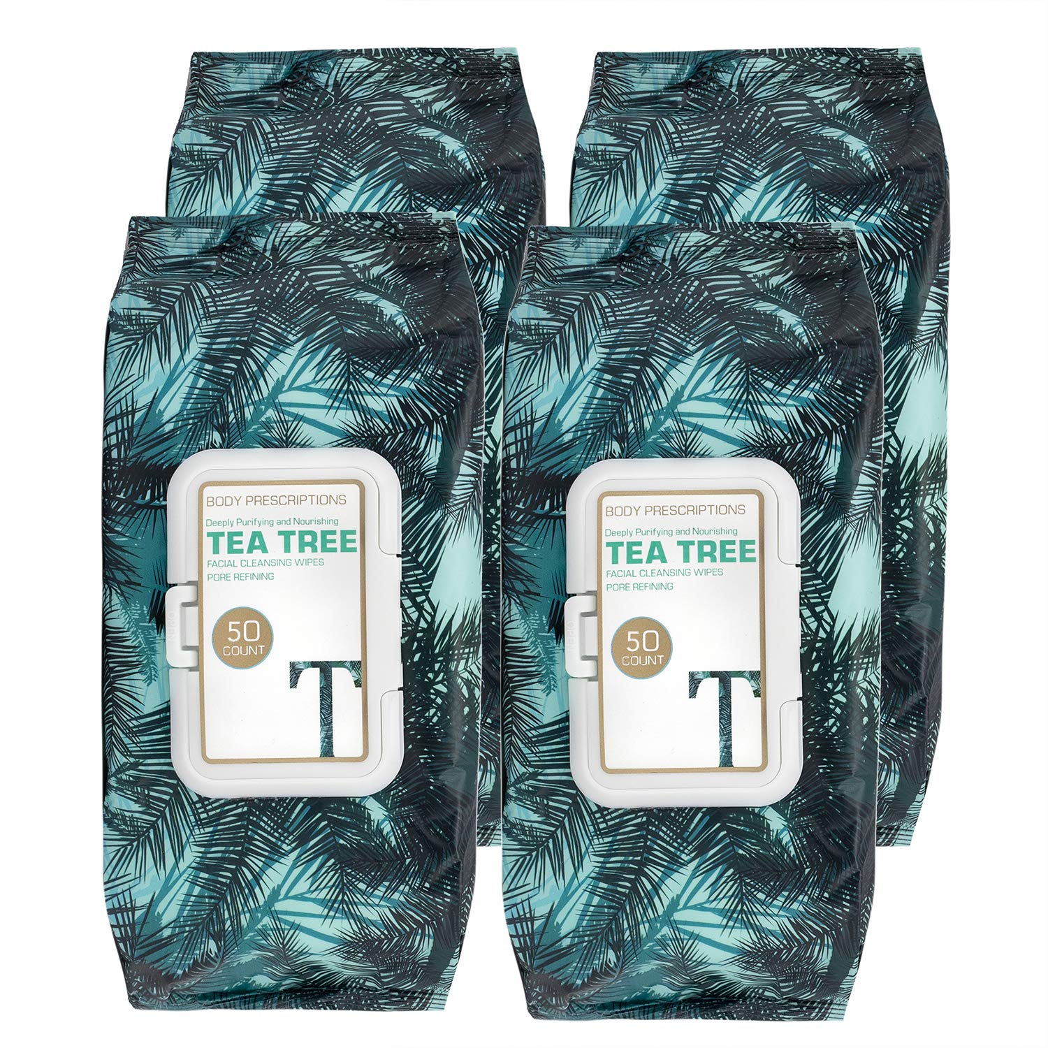 Body Prescriptions 4 Pack (50 Count Each) Tea Tree Facial Cleansing and Gentle Make Up Remover Wipes – Flip Top Pack
