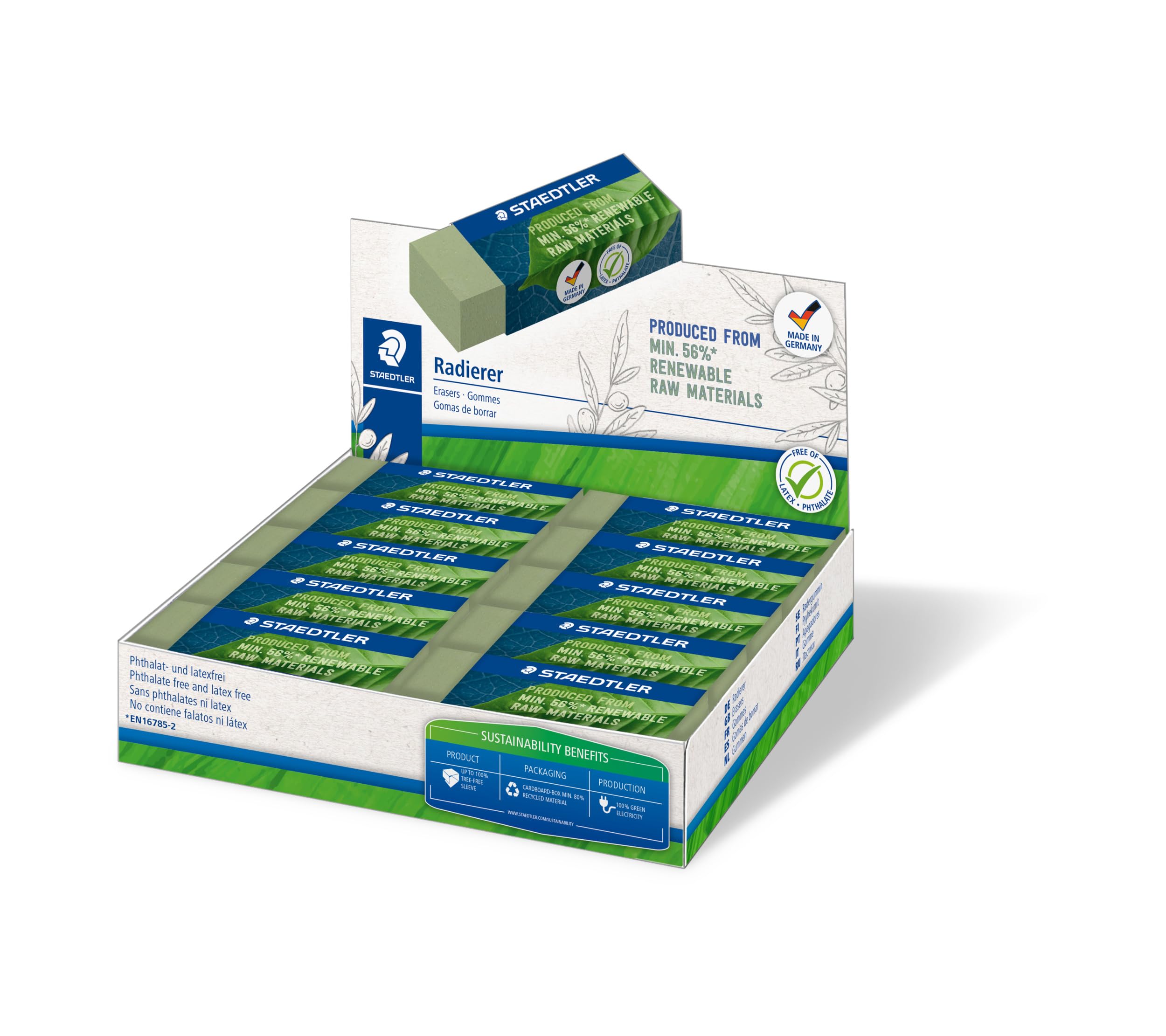 STAEDTLER Eraser, eraser made from up to 56% natural and renewable content, phthalate and latex free, sliding cuff, size 65 x 23 x 13 mm, 20 olive green erasers in cardboard display, 526 80-5