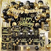 287pcs Black and Gold Birthday Decorations, All-in-1 set, 25 Guests | Easy setup, includes tableware, backdrop, banner, balloons, and more for black and gold party