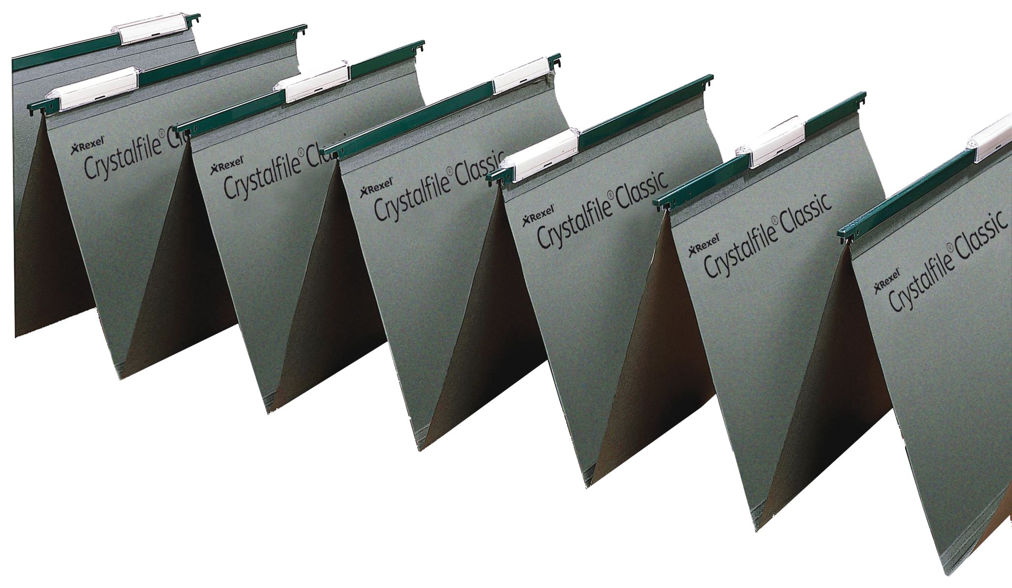 Rexel Foolscap Linked Suspension Files with Tabs and Inserts, 15 mm V-base, 100 Percent, Recycled Manilla, Green, Crystalfile Classic, Pack of 50, 78650