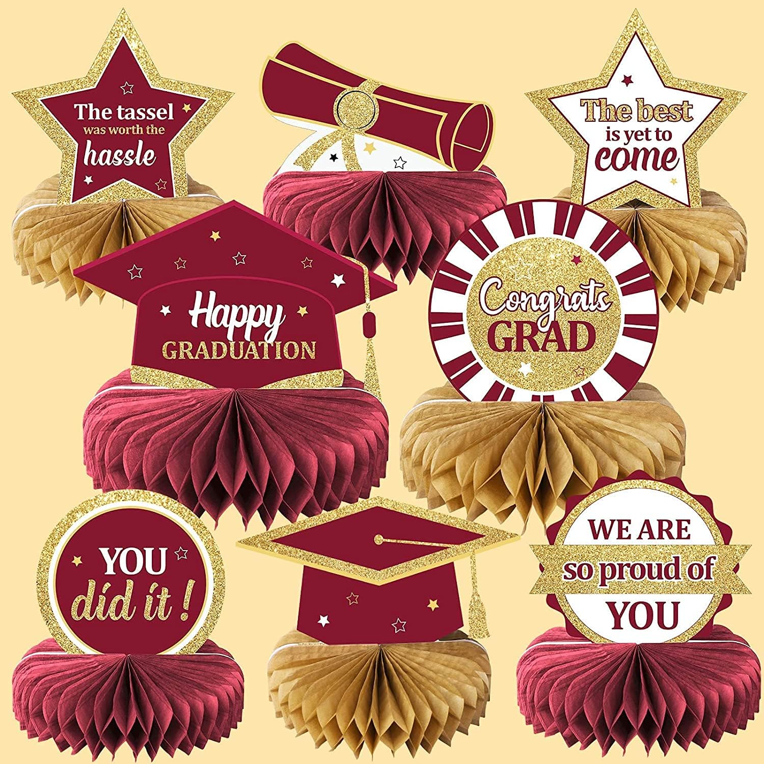 Photo 1 of 2025 Graduation Party Decorations Class of 2025 Congrats Grad Honeycomb Centerpieces Congratulate Graduation Table Toppers for Graduation Party Favor Supplies Maroon 8Pcs