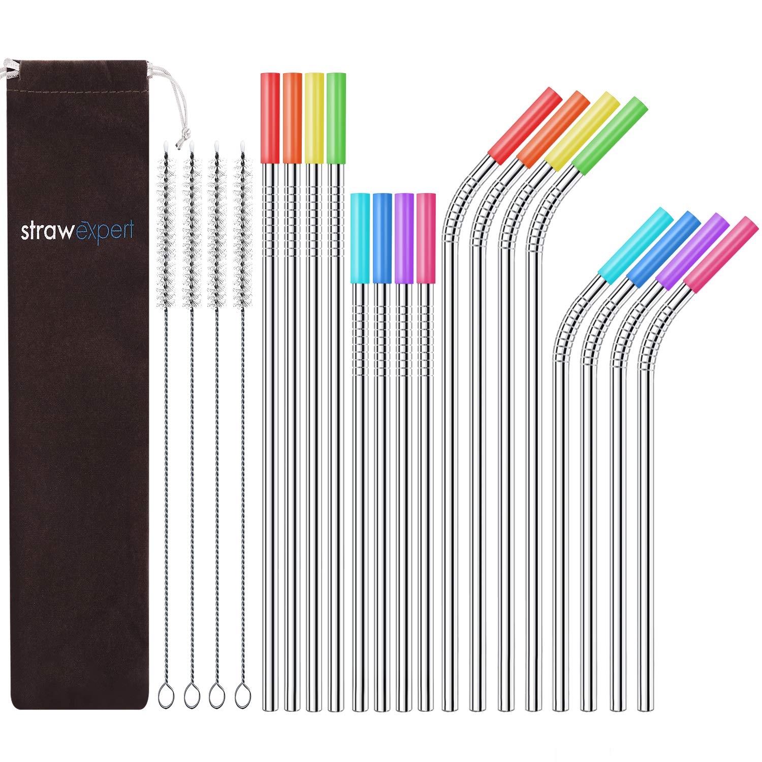 StrawExpert Set of 16 Reusable Stainless Steel Straws with Travel Case Cleaning Brush Silicone Tips Eco Friendly Extra Long Metal Straws Drinking for 20 24 30 oz Fit Yeti Tervis Rtic Tumbler
