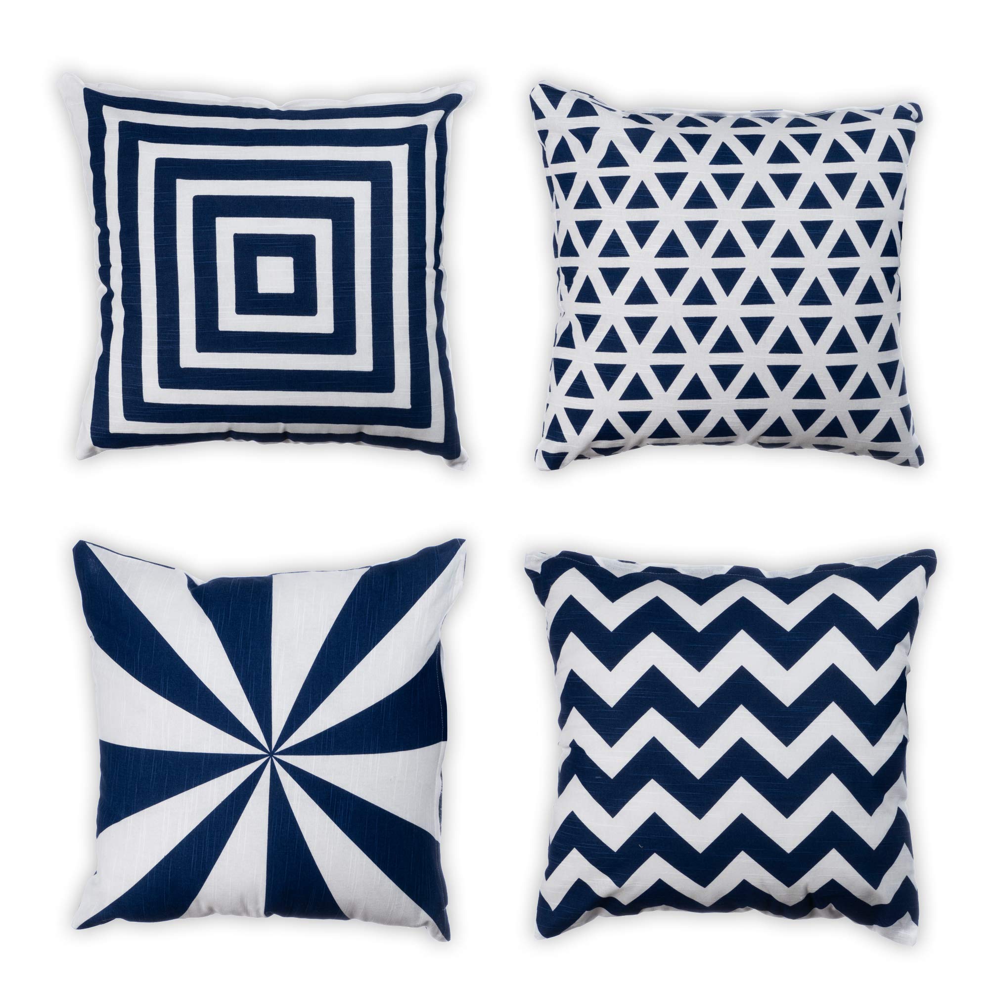 Penguin Home Set of 4 100% Slub Cotton Fabric Cushion Covers 45cm x 45cm Double Sided Square Pillow Covers with Invisible Zipper Pillow Cases for Living Room, Bedroom, Sofa (White/Navy Mix)