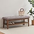 HUIMO Entryway Shoe Bench, End of Bed Bench,Upholstered Button-Tufted Bench for Kitchen, Fabric Ottoman Bench for Living Room, Padded Bench with Solid Wood Shelf,Grey