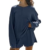 Dsewpaur Women Waffle Knit Lounge Set Oversized Henley Sweatshirt and High Waist Resort Shorts 2 Piece Outfit