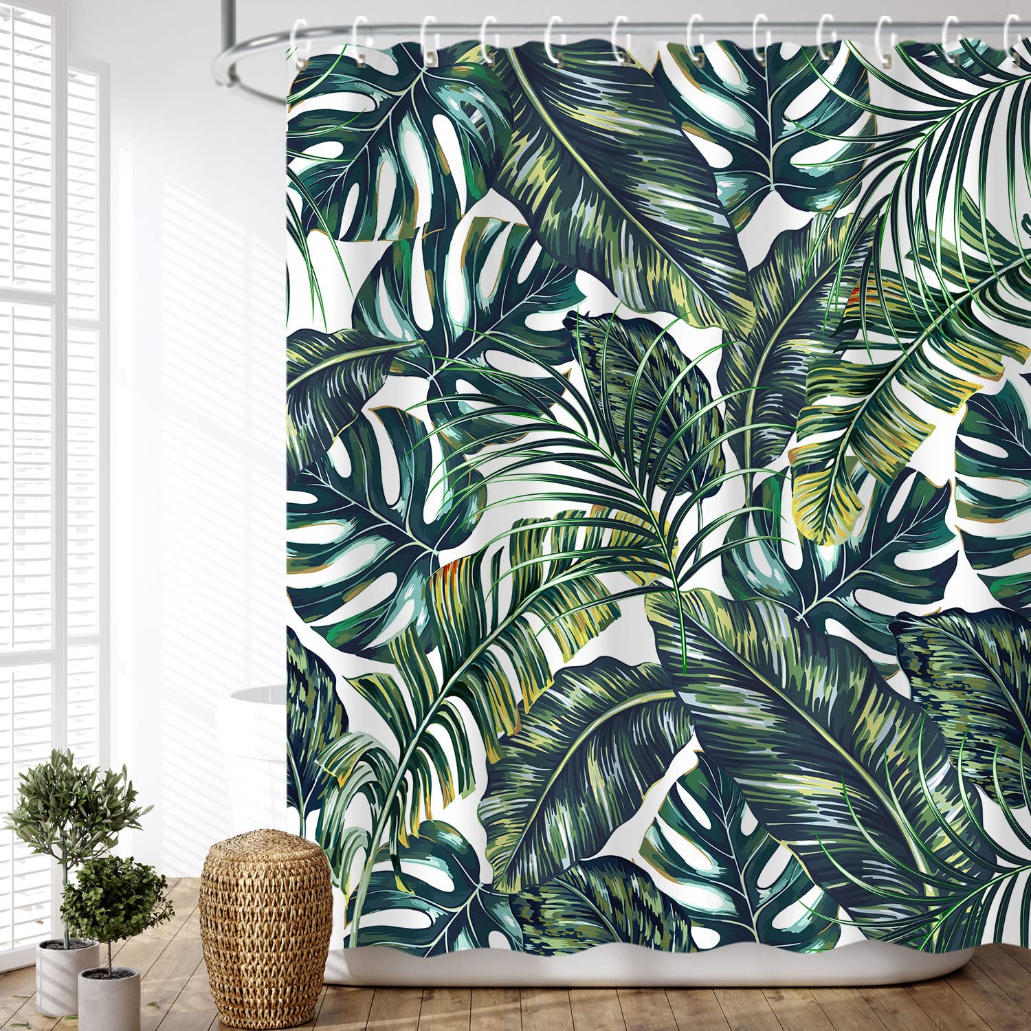 LIVILAN Green Plant Shower Curtain, Botanical Leaf Pattern, 72X72 inches - Jungle Bathroom Decor with 12 Hooks