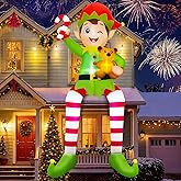 OurWarm 10FT Christmas Inflatable Outdoor Decoration, Giant Sitting Elf Inflatable Christmas Decorations Outdoor with Built-in LEDs, Christmas Blow Up Yard Decorations for Roof Balcony Lawn