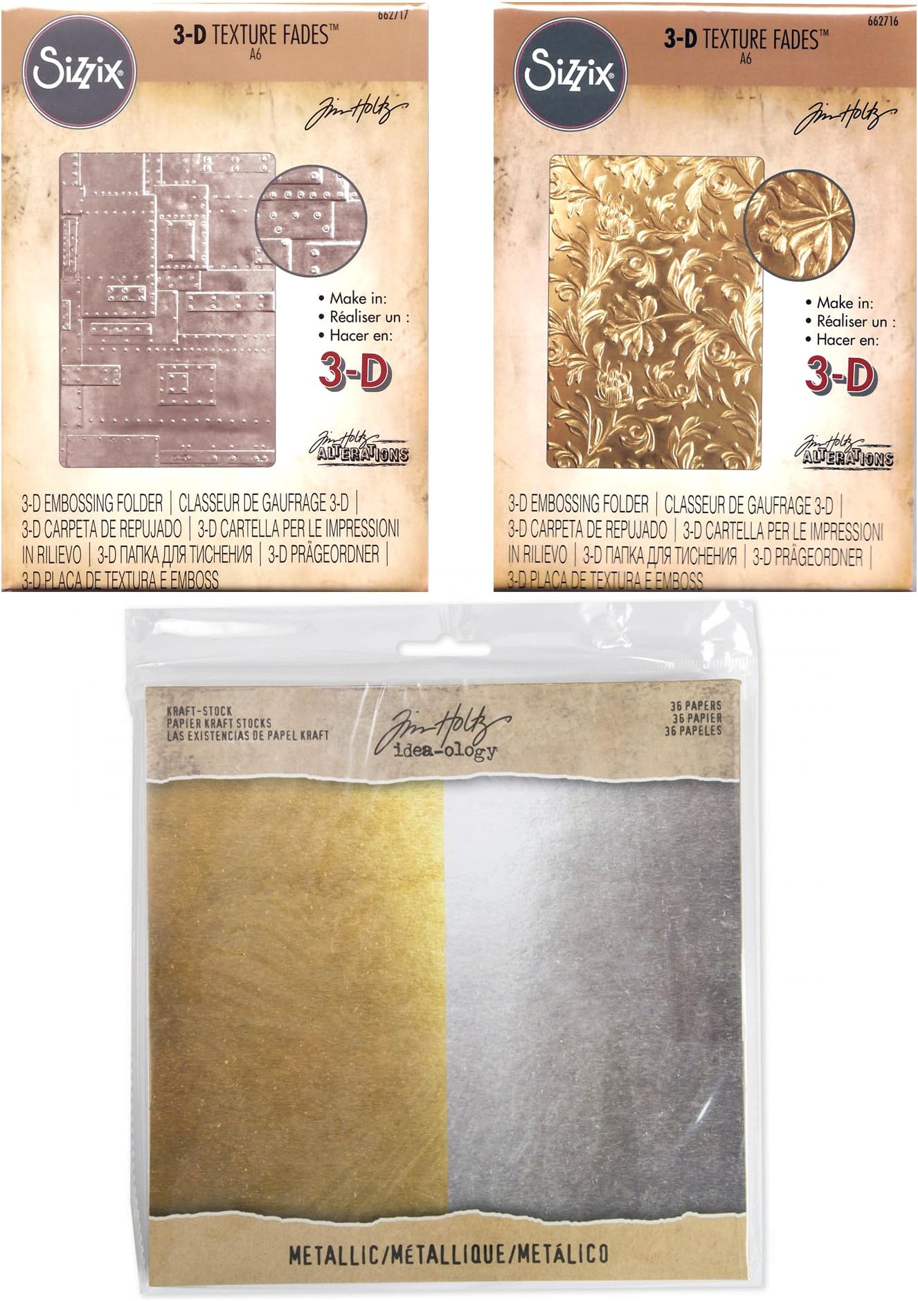 Tim Holtz Alterations - 3D Embossing Folders and Paper Bundle - Foundry and Botanical Texture Fades & Idea-ology Metallic Kraft Cardstock - 3 Items