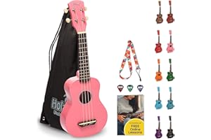 Hola! Music HM-21PK Soprano Ukulele Bundle with Canvas Tote Bag, Strap and Picks, Color Series, Pink