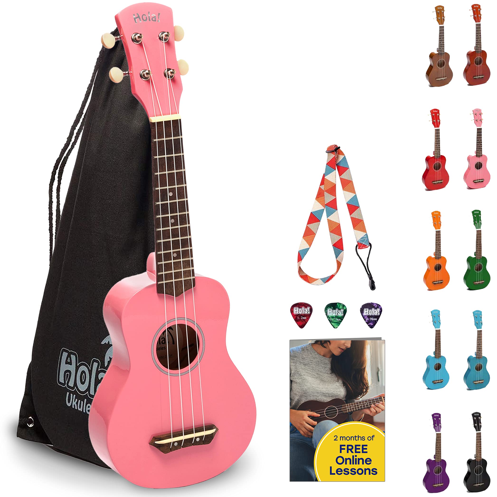 Hola! Music Ukulele for Adults & Kids - 53cm HM-21BU Soprano Ukulele for Kids with Carry Case, Strap and Picks - Pink