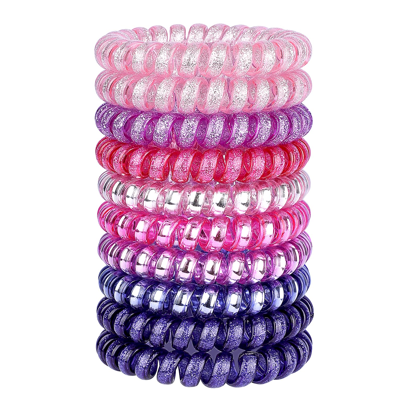 JessLab Spiral Hair Ties, 10 Pcs Traceless Phone Cord Bracelet Plastic Coil Ponytail Holders No-Damage Accessory for Girls Women Ladies, Color Assorted, Set 37