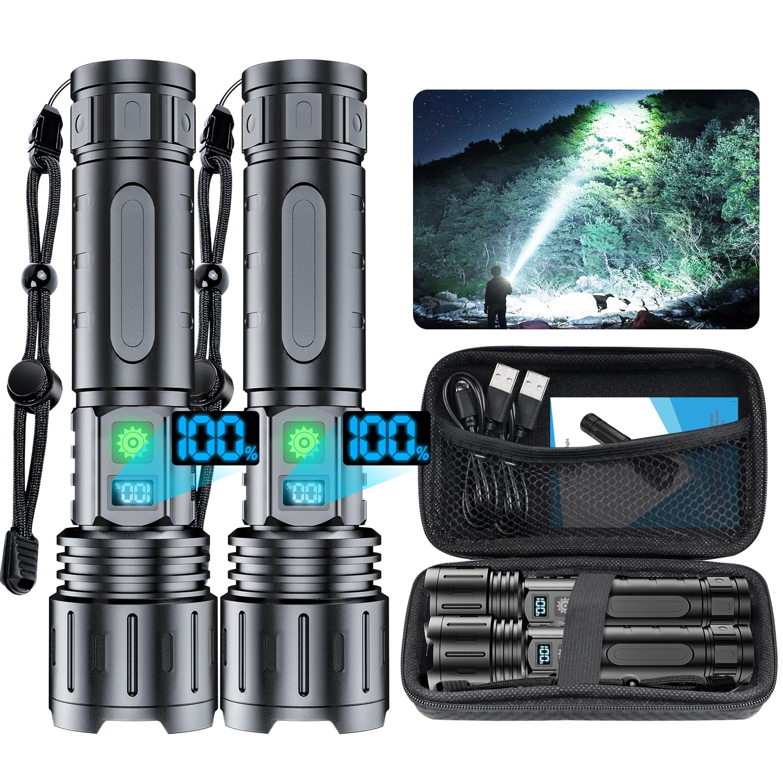 Photo 1 of Tactical Rechargeable Flashlights 2000 High Lumens - 20H Runtime, Long Beam Super Bright LED Pocket Flash light IPX5 Waterproof for Camping, 5 Modes, Zoomable, Compact Flashlight for Camping, 2pcs