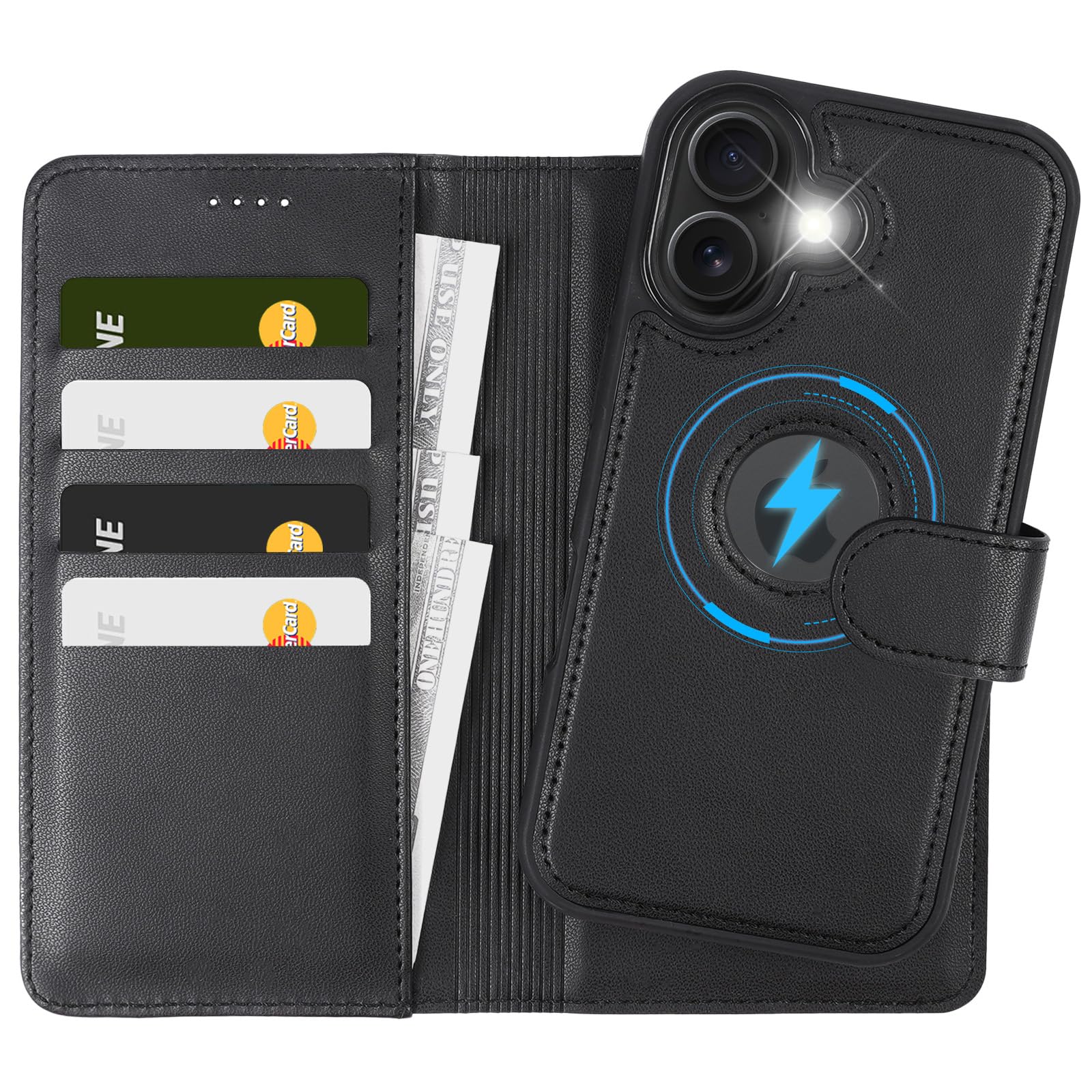 KSELF 2 in 1 PU Leather for iPhone 16 Plus Case, Detachable Wallet Case with Card Holder, Removable Flip Folio Cover with RFID Blocking, Stand Shockproof Phone Cover（Compatible with MagSafe） Black