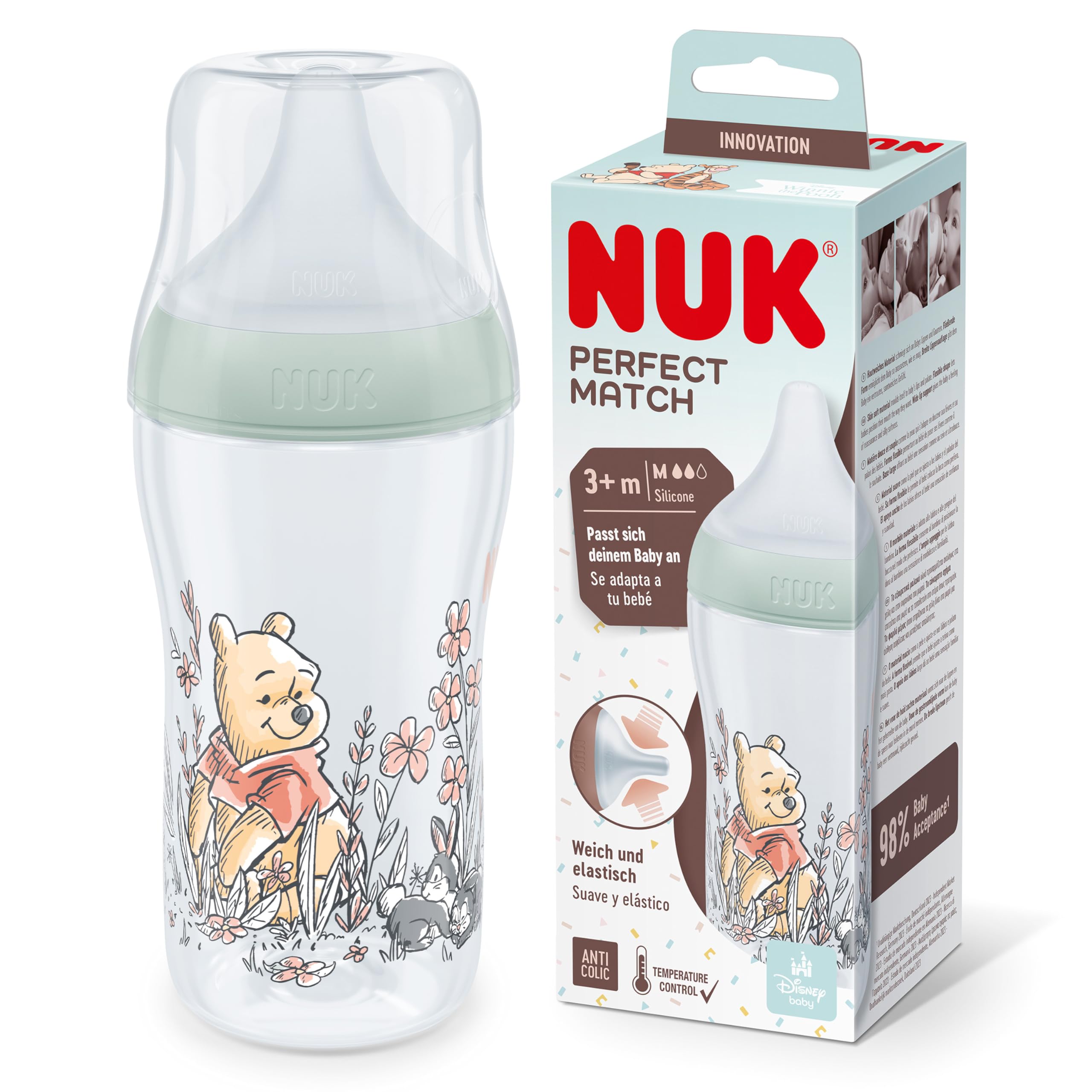 NUK Perfect Match Baby Bottle | 3+ Months | Adapts to Baby's Palate | Temperature Control | Anti Colic Vent | 260 ml | BPA-Free | Medium Silicone Teat | Disney Winnie the Pooh