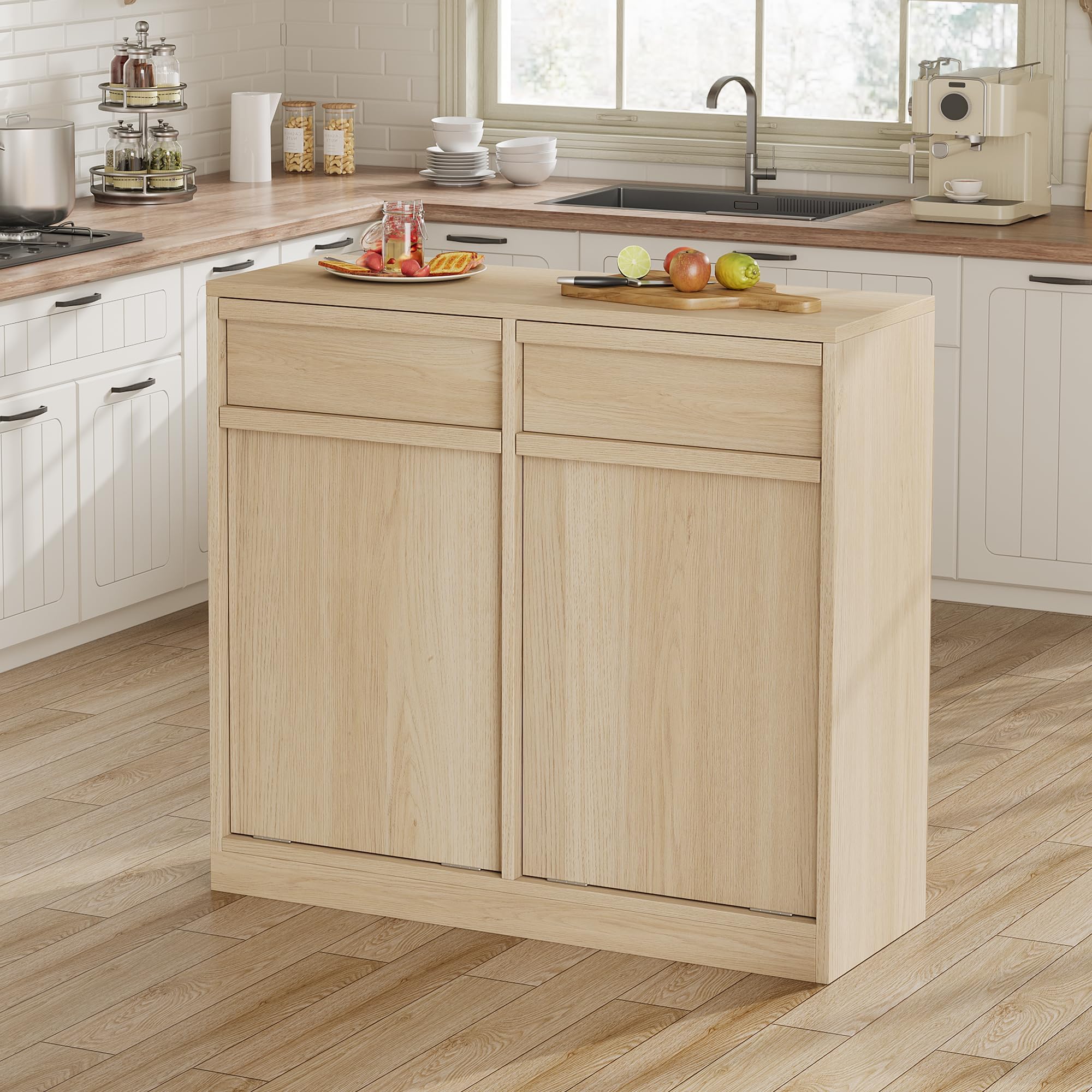 Photo 1 of *MISSING PARTS - See Clerk Notes*
CABIHOME Double Tilt Out Trash Cabinet, Trash Cabinet with 20 Gallon Storage & 2 Drawers, Modern Hidden Freestanding & Pet-Proof Garbage Can Cabinet for Kitchen Dining Living Room, Natural Oak