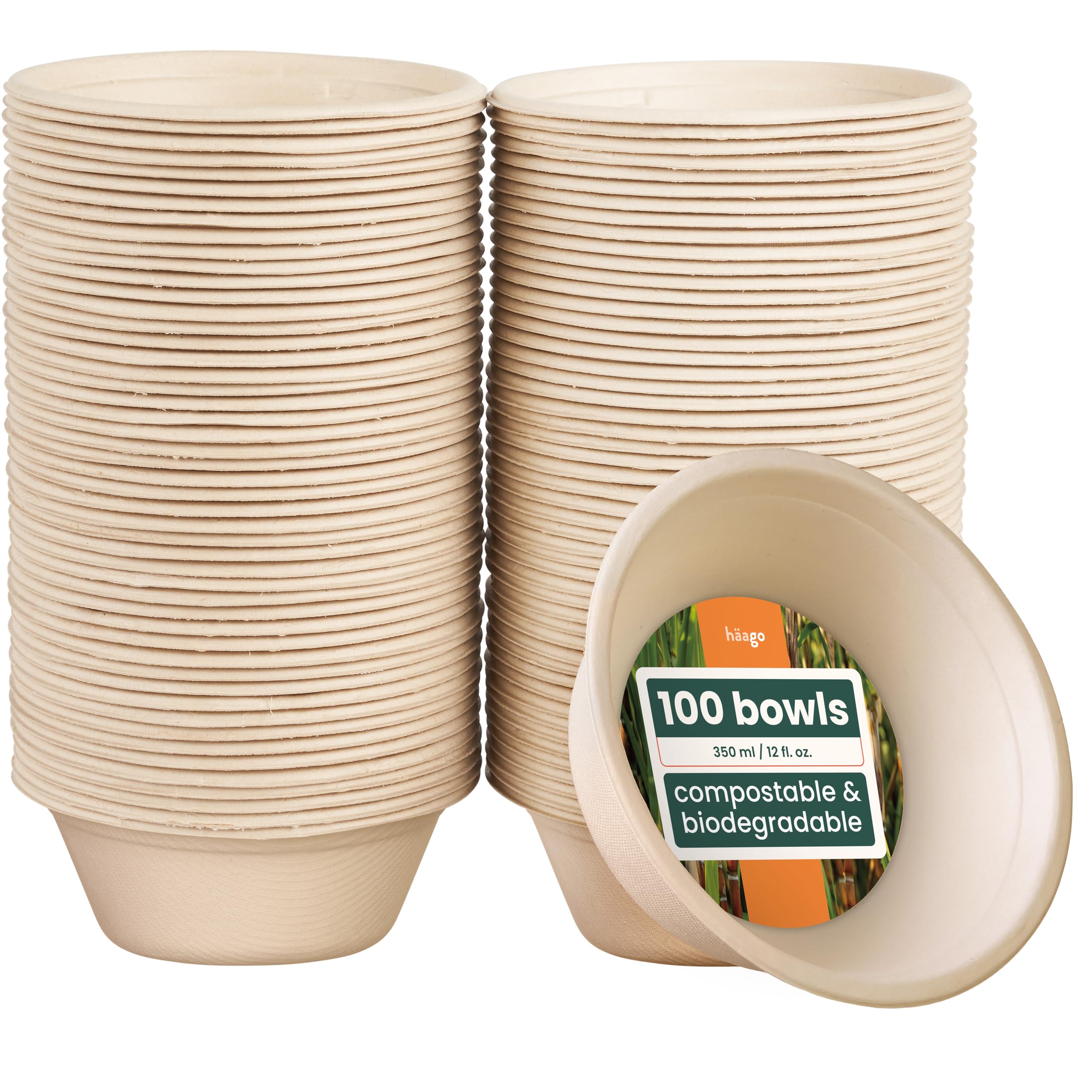 HAAGO 100 Strong Biodegradable Sugarcane Bagasse Bowls, 350 ml / 12oz – Heavy Duty Paper Bowls - Leak- & Grease-Resistant - Compostable Disposable for Soup, Curry, Cereal, Dessert, Parties & Catering