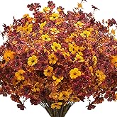 Grunyia 16 Bundles Artificial Fall Mums with Eucalyptus, Faux Daisy UV Resistant Outdoor Decor - Autumn Orange Flowers for Front Door Porch Planter, Patio, Thanksgiving Christmas (Fall Yellow&Red)