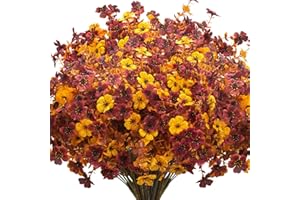 Grunyia 16 Bundles Artificial Fall Mums with Eucalyptus, Faux Daisy UV Resistant Outdoor Decor - Autumn Orange Flowers for Front Door Porch Planter, Patio, Thanksgiving Christmas (Fall Yellow&Red)