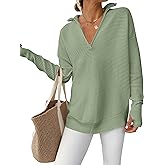 ANRABESS Womens Long Sleeve Quarter Zip Pullover Sweater Casual Loose V Neck Collared Ribbed Knit Jumper Tops Thumb Hole