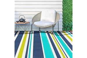 KALAFUN Outdoor Plastic Straw Patio Rug - Camping Waterproof, Durable Outdoor Area Rug for Patios Decor, RVs, Porch, Balcony, Deck, Camper - Blue and Green, 4x6 ft