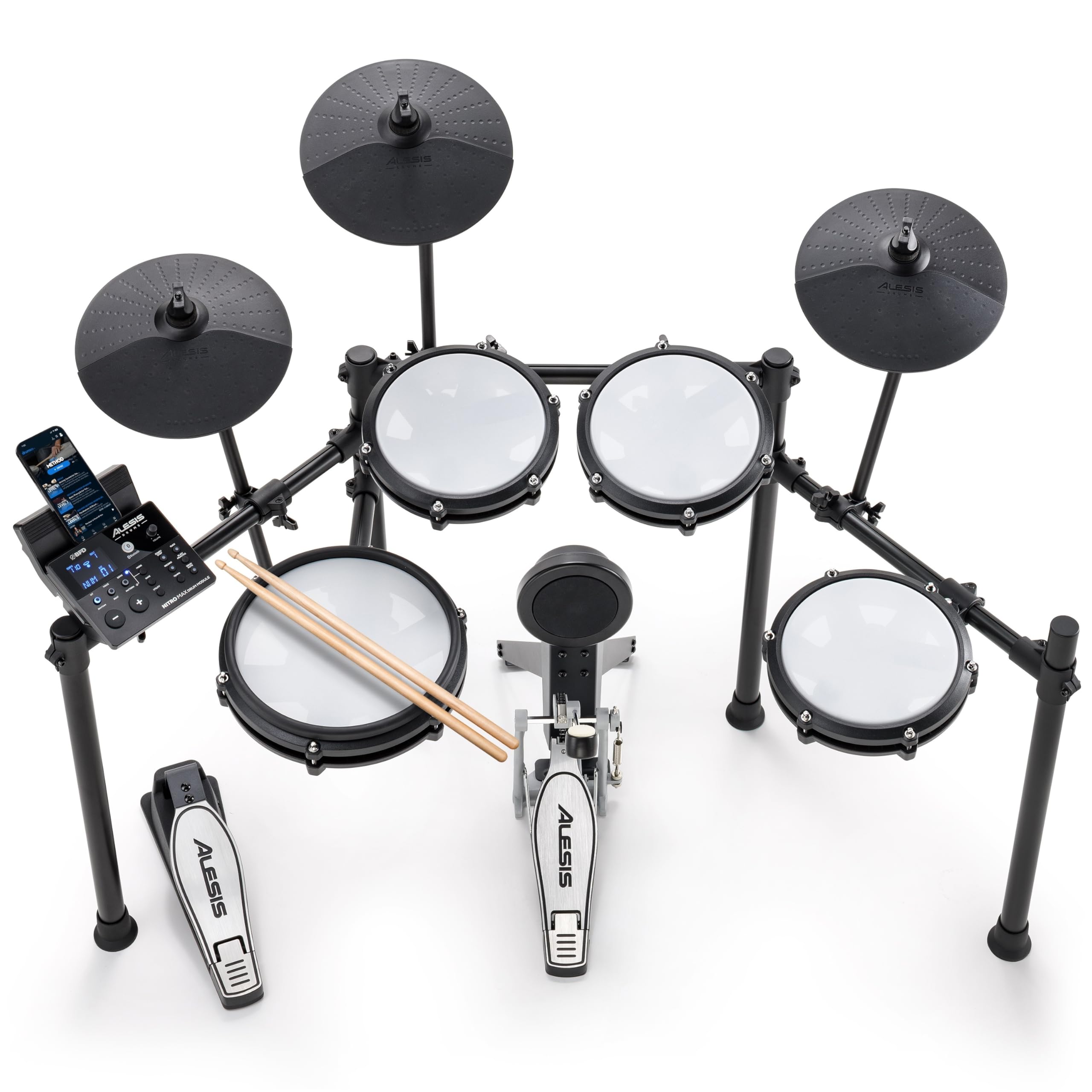 Photo 1 of **SELLING FOR PARTS AS PARTIAL SET**Alesis Nitro Max Kit Electric Drum Set with Quiet Mesh Pads, 10" Dual Zone Snare, Bluetooth, 440+ Authentic Sounds, Drumeo, USB MIDI, Kick Pedal