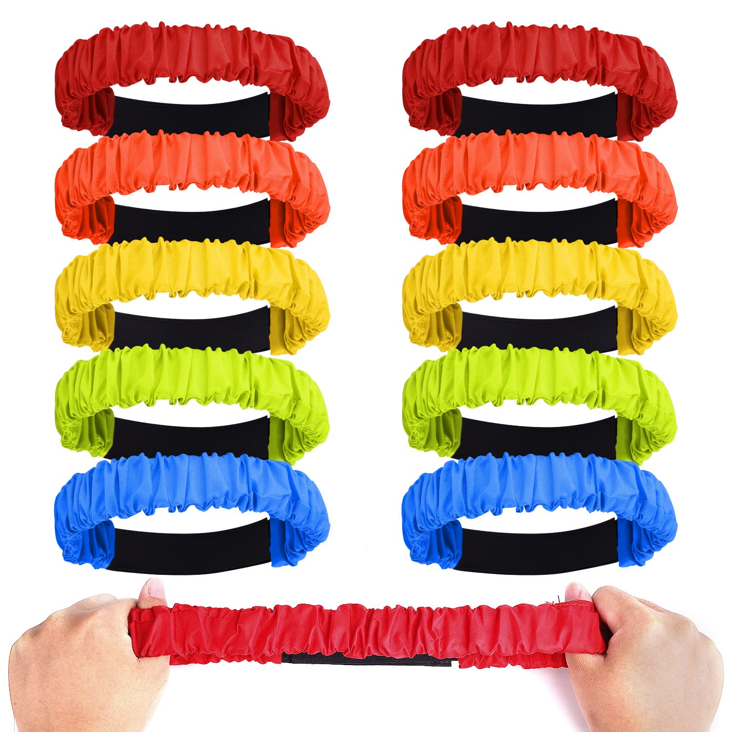 AIEX 10pcs 3 Legged Race Bands for Adults Kids, Colorful Legged Race Bands Elastic Tie Rope with Magic Adhesives for Carnival Relay Game, Field Day, Backyard, Birthday Party, Outdoor Team (5 Colors)