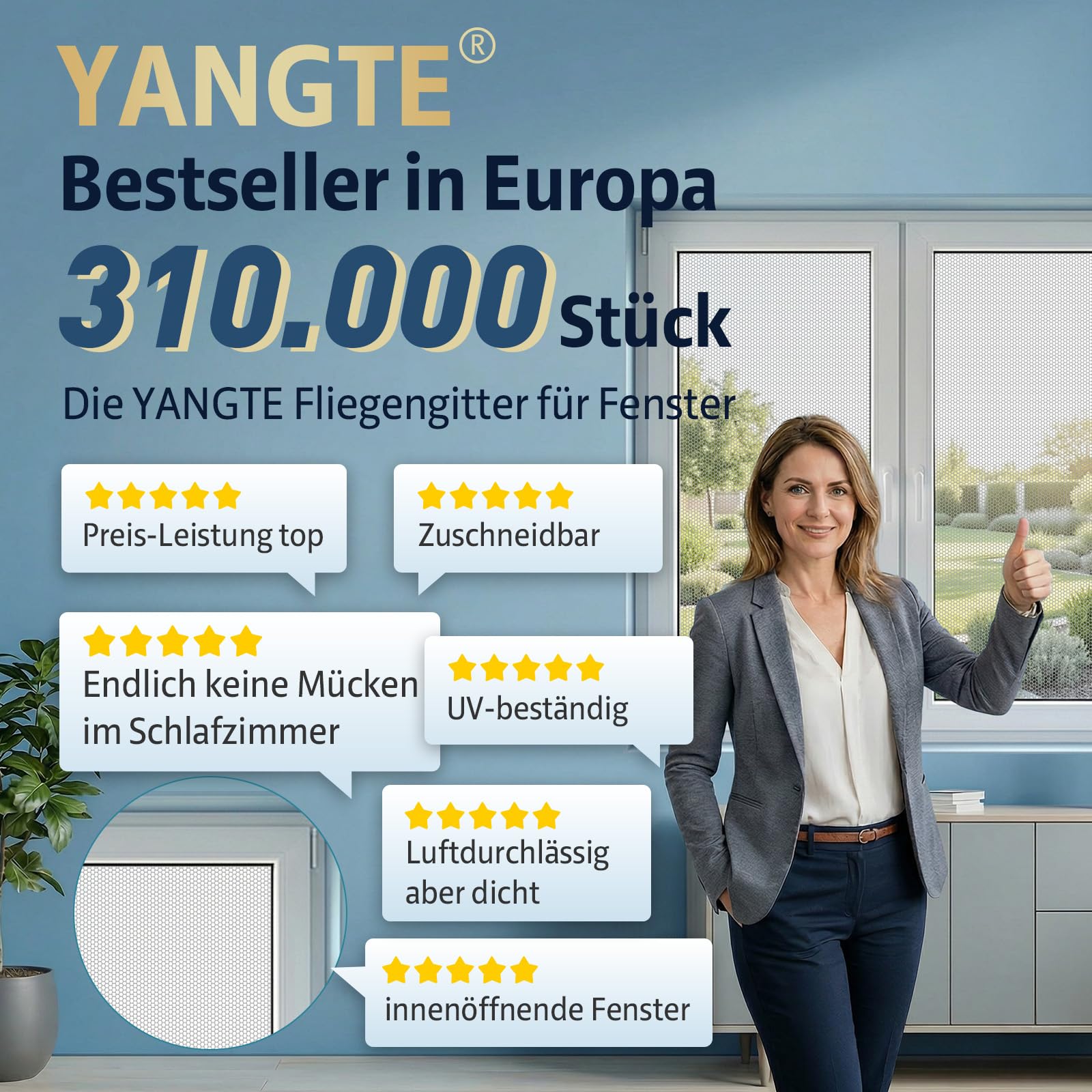 YANGTE Fliegengitter für Fenster 4 Stück 130x150 cm, Insect Stop Insektenschutz mit Klettband selbstklebend, Moskitonetze für Fenster schützen die Familie vor Insekten Schwarz 8